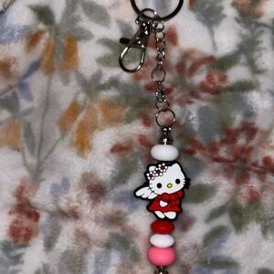 Cute Kitty Keychain with Red and Pink Beads